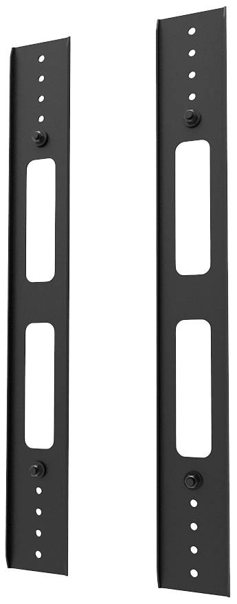 Zwei schwarze, vertikale Metallhalterungen mit mehreren Löchern, vermutlich zum Befestigen oder Montieren von Geräten an einer Wand.