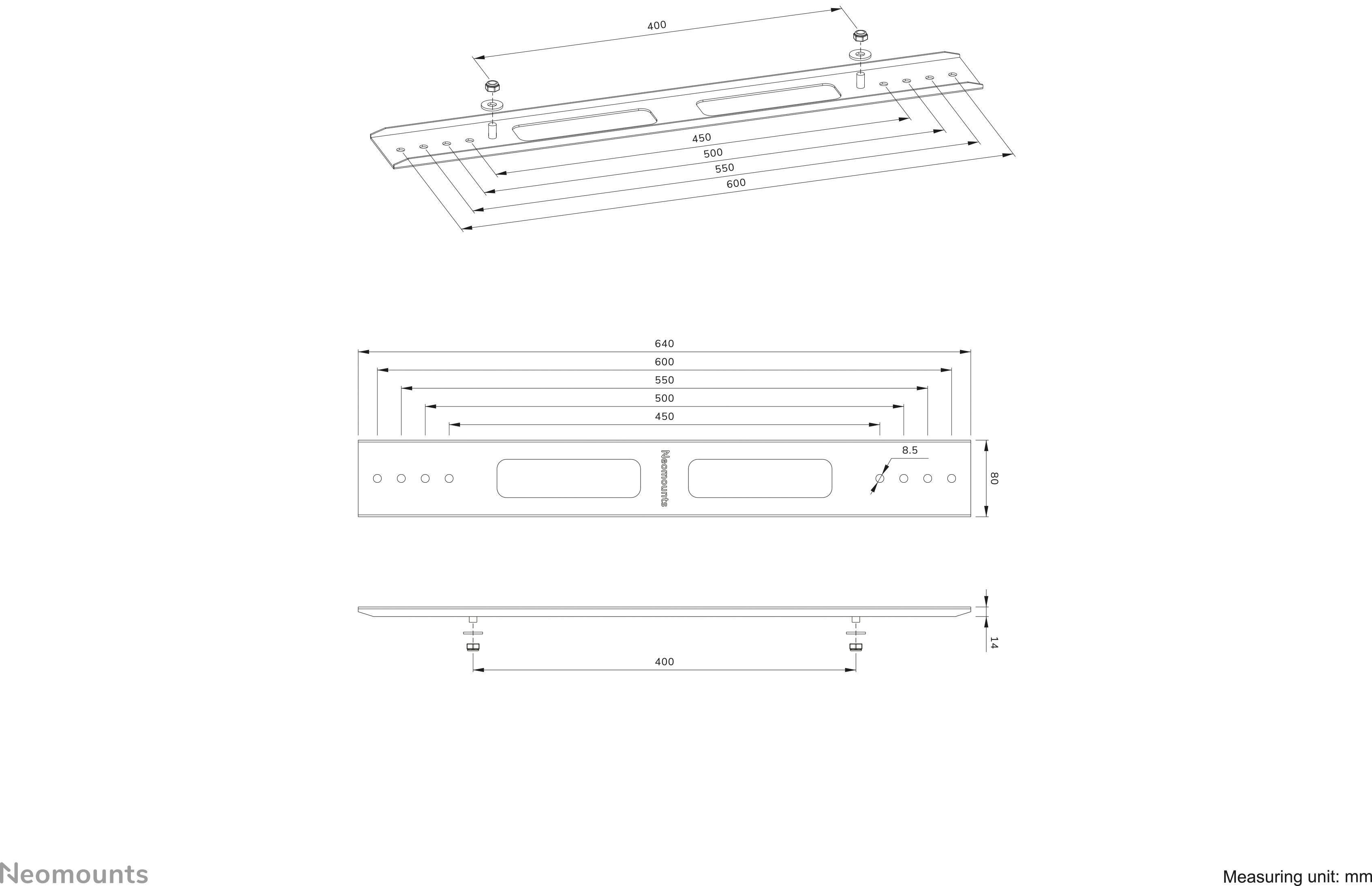 Zeichnung eines Mehrfach-Lochmuster-Adapters mit Abmessungen. Ansicht von oben, vorne und seitlich mit wichtigen Maßangaben.