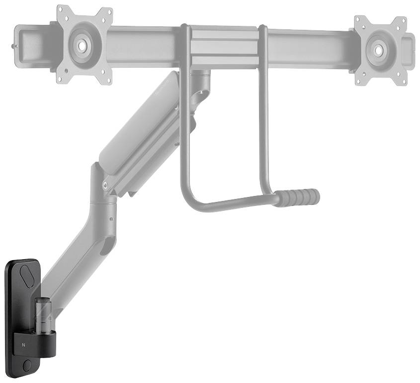 Ein verstellbarer Monitorarm mit mehreren Gelenken zur Befestigung an einem Schreibtisch, geeignet für zwei Bildschirme.