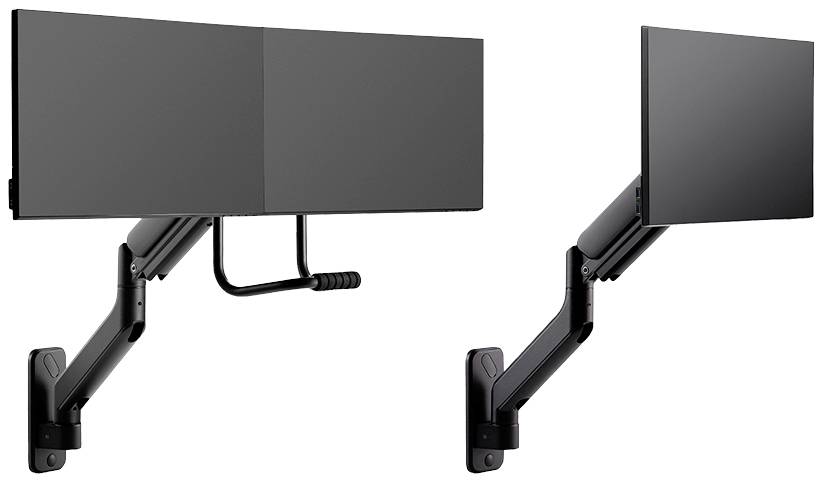 Zwei schwarze, wandmontierte TV-Halterungen mit verstellbaren Armen, ausgezogen und eingeklappt dargestellt, zur Befestigung von Bildschirmen.