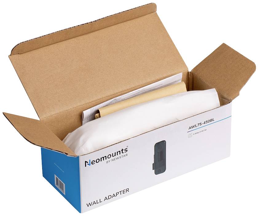Geöffneter Karton mit Wandadapter von Neomounts, Modell AWL75-450BL, enthält Verpackungsmaterial und ein Metallteil.