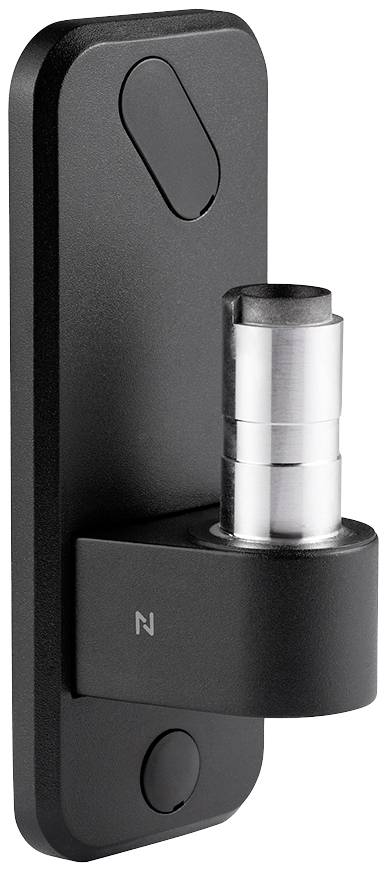 Ein schwarzes, modernes Türschloss mit zylindrischem Metallriegel, erkennbar durch ein abgerundetes Gehäuse und ein N-Symbol.