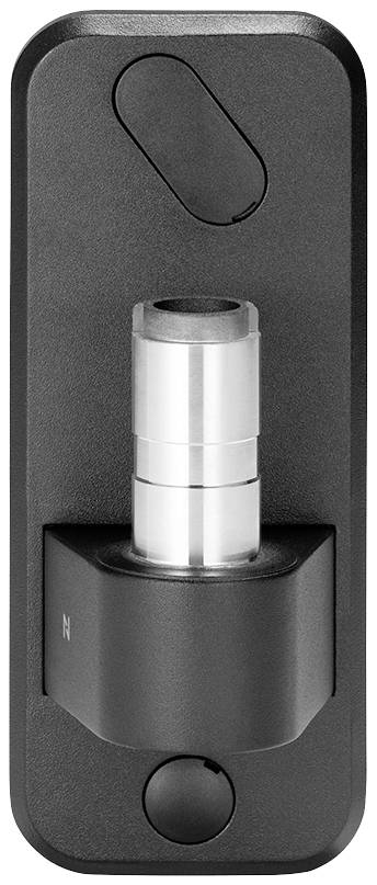 Ein modernes, hochformatiges Türschloss mit glatter, schwarzer Oberfläche und silbernem Zylinder, geeignet für Sicherheitstüren.