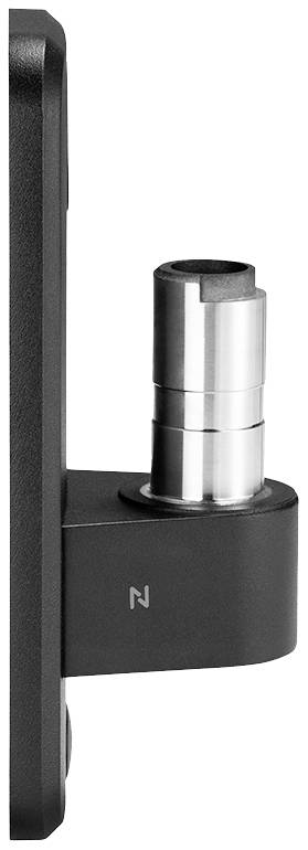 Ein seitliches Bild eines schwarzen elektronischen Türschlosses mit runder, herausragender Verriegelungsstange.