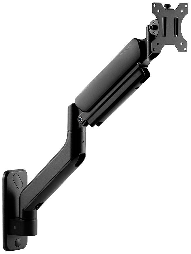 Ein schwarzer, schwenkbarer Monitorarm zur Wandmontage mit verstellbaren Gelenken, geeignet zur Halterung von Bildschirmen.