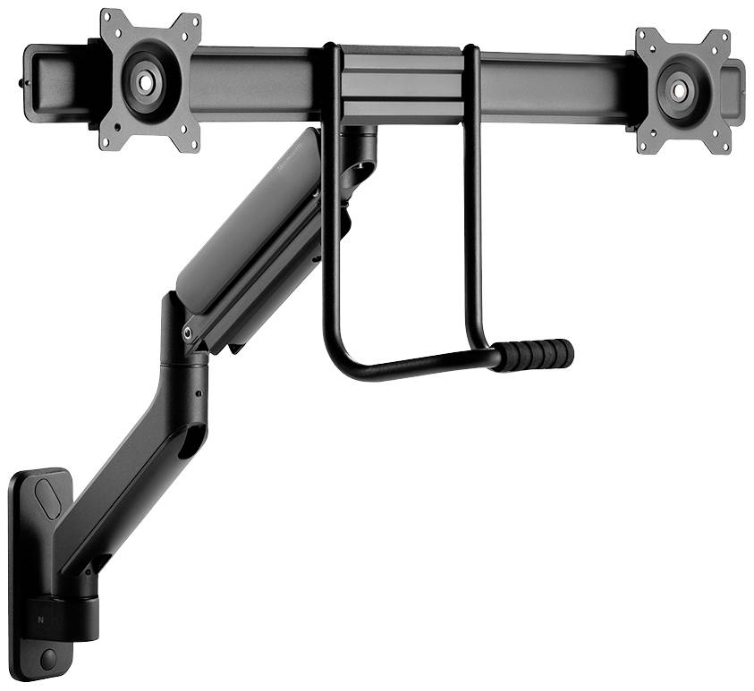 TV-Wandhalterung aus schwarzem Metall, mit zwei drehbaren Armen und Halterungen für flache Bildschirme.