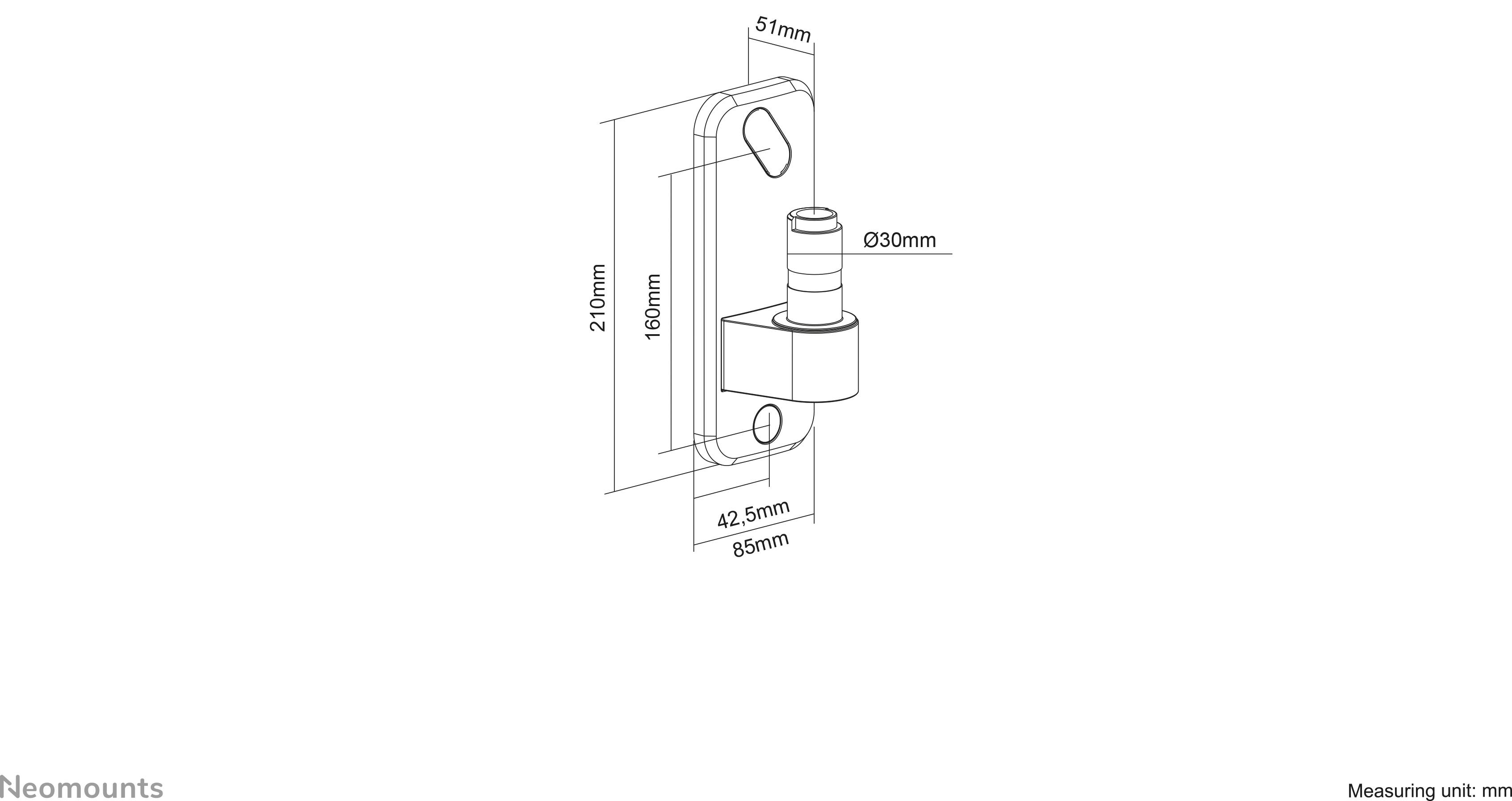 Technische Zeichnung eines Wandhalterungselements mit Maßen: 210mm Höhe, 51mm Breite und 85mm Tiefe, Durchmesser 30mm.
