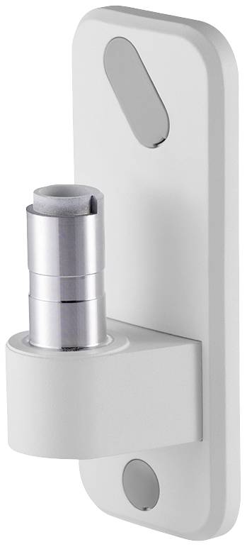 Ein weißer, wandmontierter magnetischer Türstopper mit zylindrischem Metallkopf und rechteckiger Basis.