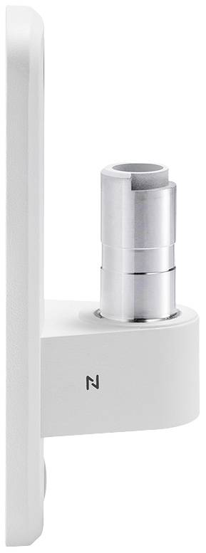 Ein metallischer Zylinder ragt aus einer weißen, rechteckigen Basis, seitliche Ansicht.