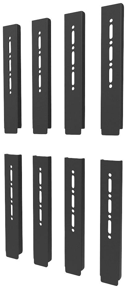 Acht schwarze Metallplatten mit Schlitzen, in zwei Reihen angeordnet. Ideal für Montagesysteme oder strukturelle Verbindungen.