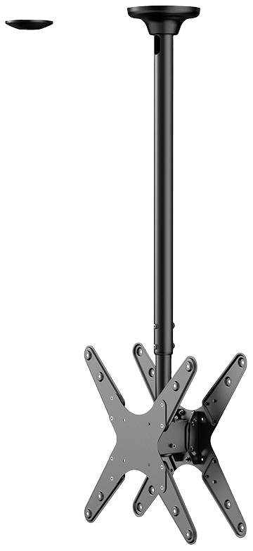 Deckenhalterung für Fernseher, höhenverstellbar, schwarz, mit schwenkbarer Platte und Kabeldepotsystem. Geeignet für mehrere Bildschirmgrößen.