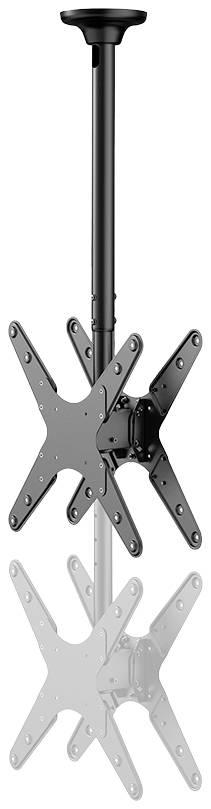 Deckenhalterung für zwei Monitore, Schwarz, mit höhenverstellbarem Arm und VESA-kompatiblen Befestigungspunkten.