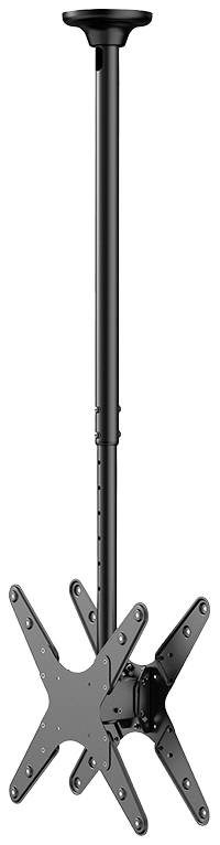 Deckenhalterung für Flachbildfernseher mit verstellbarem Teleskopstab und universalem VESA-Montagemuster. Geeignet für verschiedene Bildschirmgrößen.