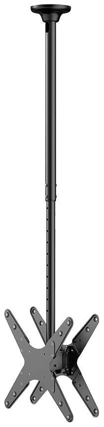 Schwarze, höhenverstellbare Deckenhalterung für TV, ausgestattet mit schwenkbarem Arm und VESA-kompatibler Platte, vor weißem Hintergrund.
