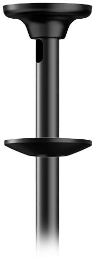 Ein schwarzer, vertikaler Metallstab mit zwei runden Scheiben; möglicherweise Teil eines Möbelstücks oder technischen Geräts.