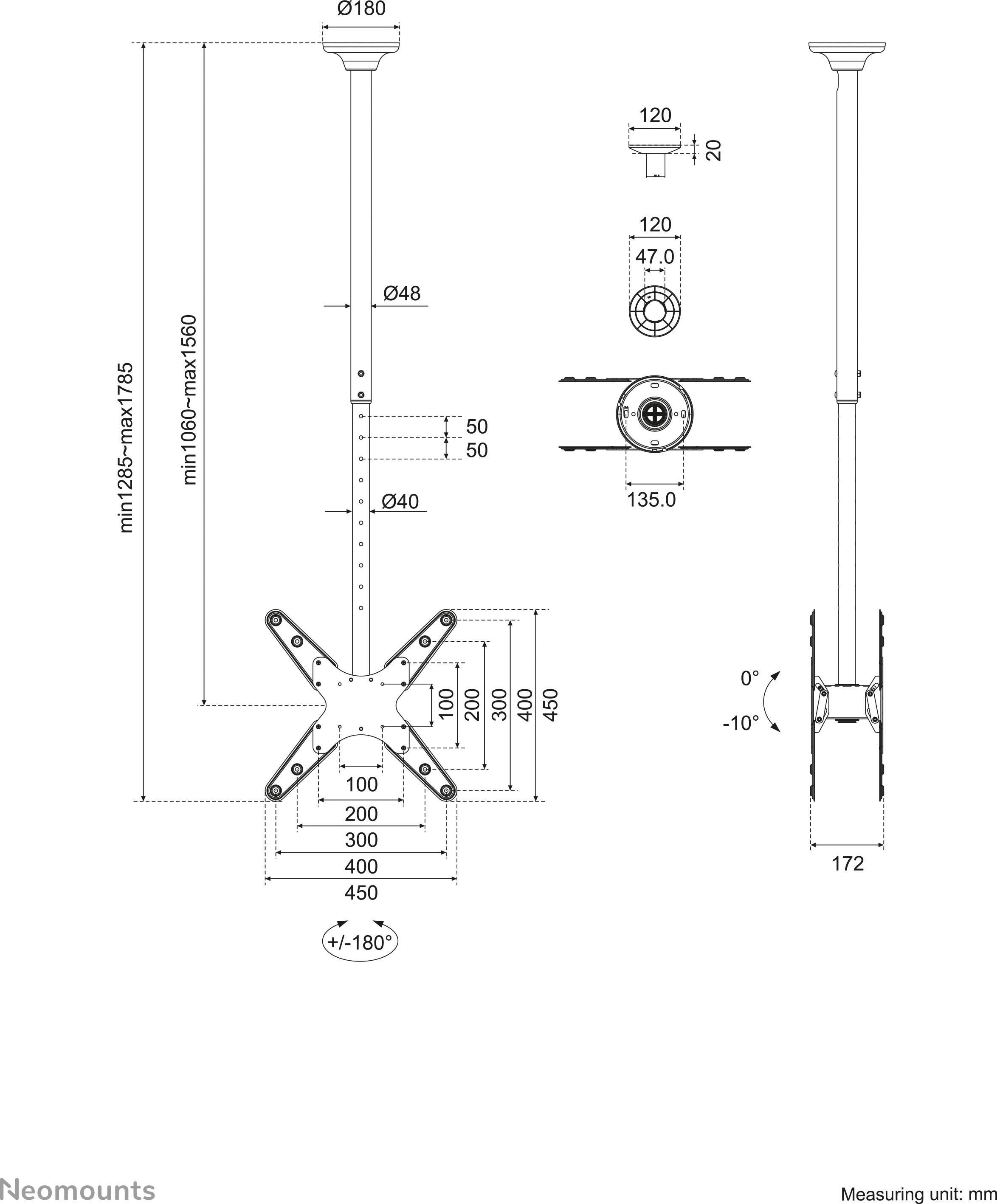 Technische Zeichnung einer Deckenhalterung für Displays mit verstellbarem Arm. Maße in Millimeter, mit Schwenk- und Neigungsoptionen.