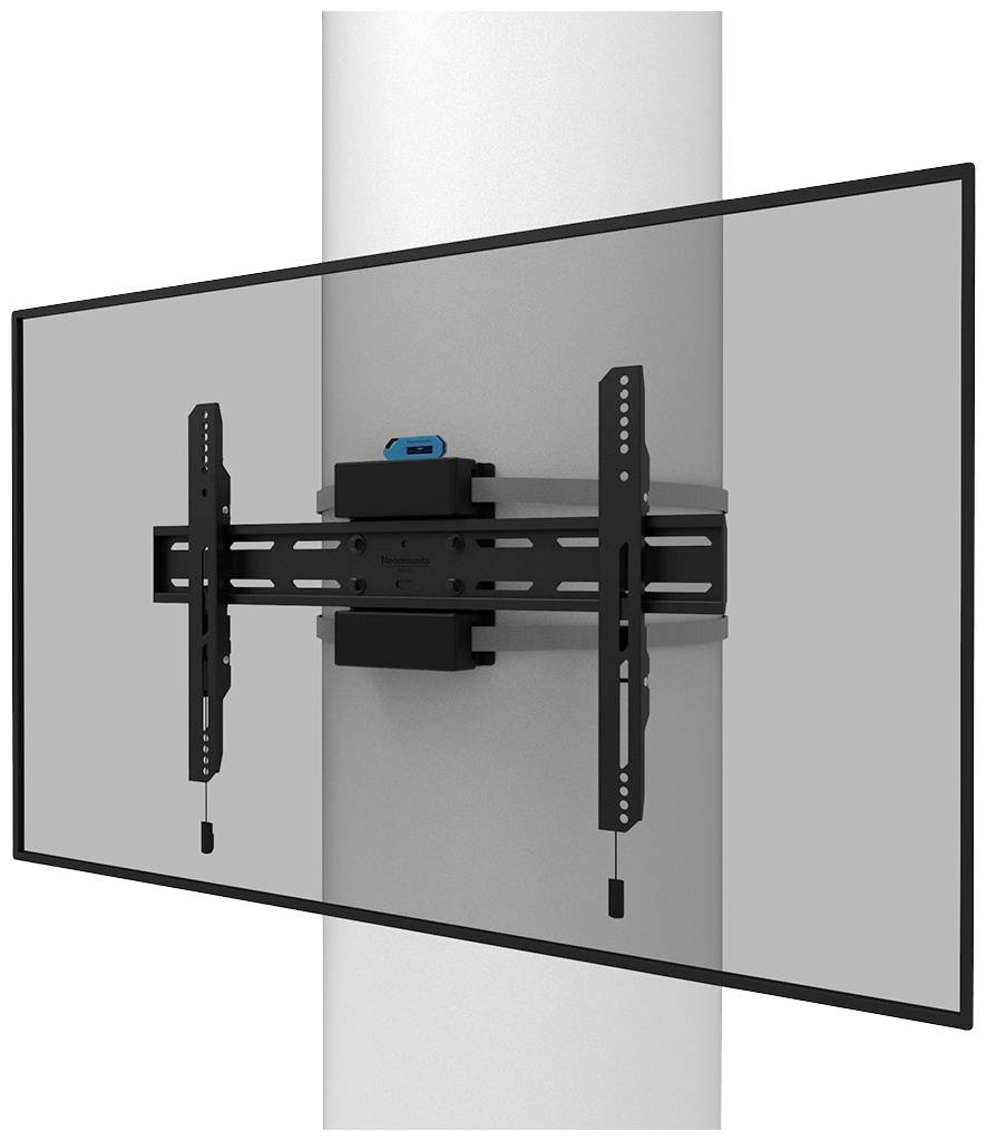 Eine Fernseher-Wandhalterung befestigt an einem vertikalen Rohr, zeigt die mechanische Struktur zur Unterstützung eines Bildschirms.