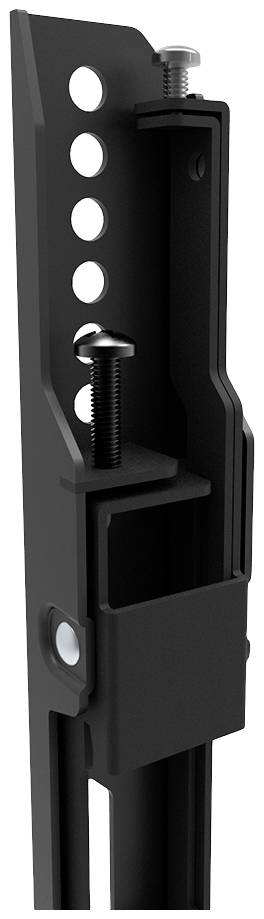 Ein schwarzes Metallteil mit Löchern und Schrauben, vermutlich ein verstellbarer Mechanismus für Befestigungszwecke.