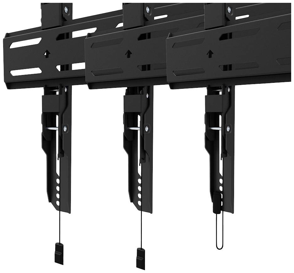 Drei schwarze Wandhalterungen aus Metall sind in einer Reihe angeordnet. Sie haben Einstellschlitze und Kabel mit Schnallen am unteren Ende.