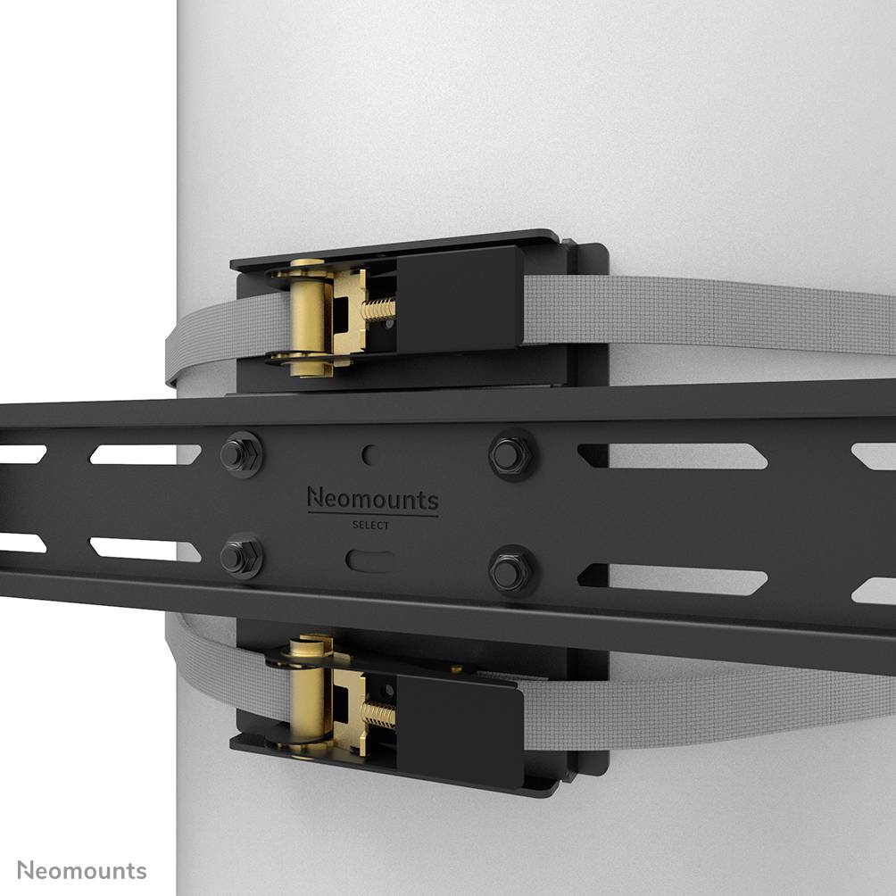 Eine Halterung zur Befestigung eines Monitors an einem runden Mast. Zwei Spannbänder stabilisieren die Konstruktion.