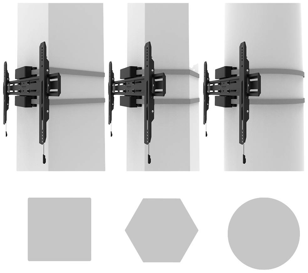 'Wandhalterung für Fernseher' zeigt dreimal die gleiche Halterung an Betonsäulen in rechteckiger, sechseckiger und runder Form montiert.