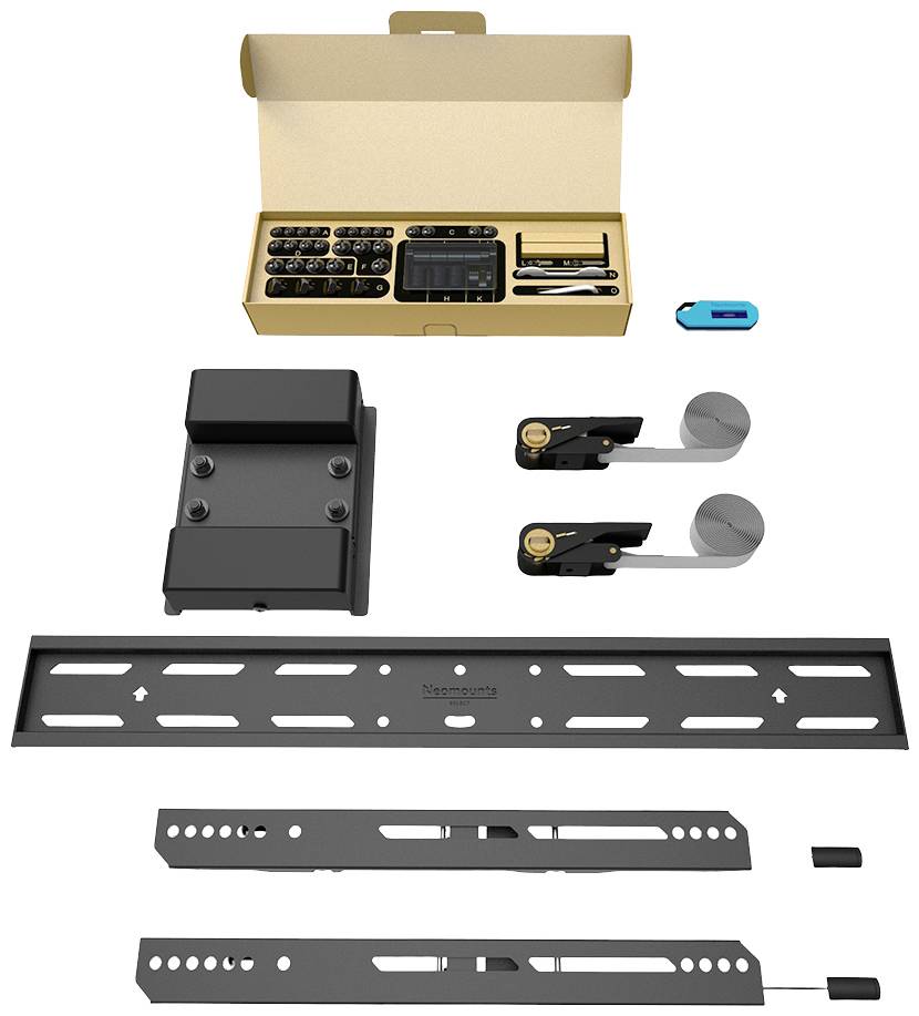 Wandhalterungs-Kit für Fernseher, bestehend aus Montageanleitung, Schrauben, Bohrer und Metallhalterungen in einem geöffneten Karton.