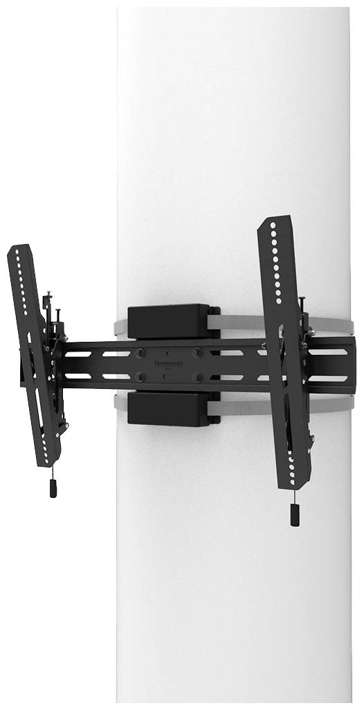 Schwarze, verstellbare TV-Wandhalterung an einer weißen Wand montiert, geeignet für flache Bildschirme, mit Neigungsoption.