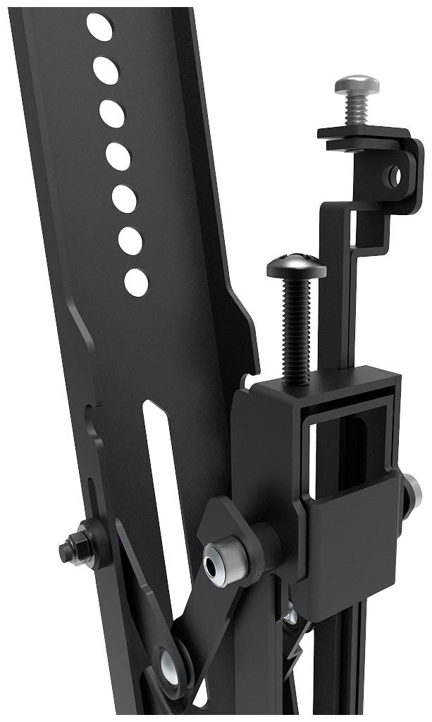 Nahaufnahme eines schwarzen Metallarms mit Schrauben und Bolzen, wahrscheinlich Teil eines verstellbaren Montagesystems.