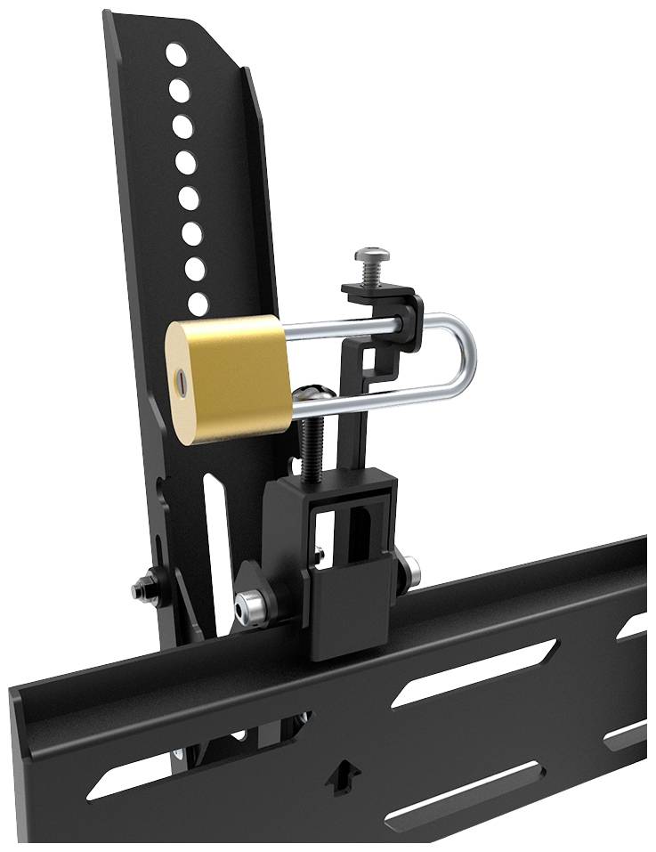 Die Abbildung zeigt ein Sicherheitsschloss an einer verstellbaren TV-Montagehalterung. Das Schloss verhindert unbefugtes Entfernen.