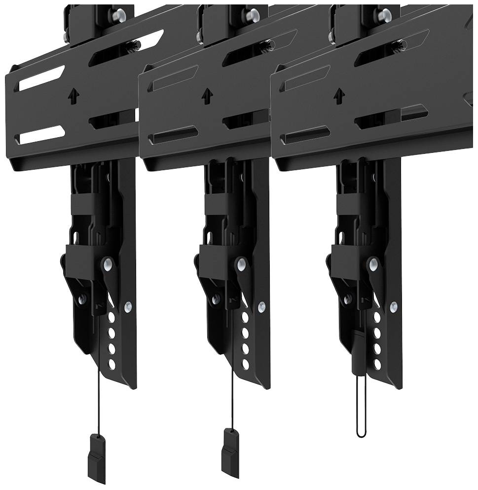 Nahaufnahme dreier Montagehalterungen mit schwarzen Adapterplatten und verstellbaren Aufhängesystemen, geeignet für vertikale Installationen.