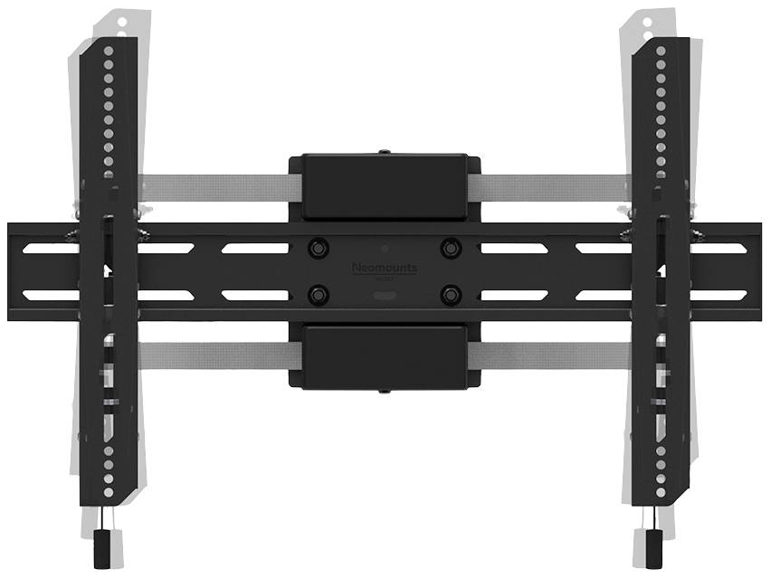 Eine schwarze, wandmontierte TV-Halterung aus Metall mit verstellbaren Armen, die für verschiedene TV-Größen angepasst werden kann.