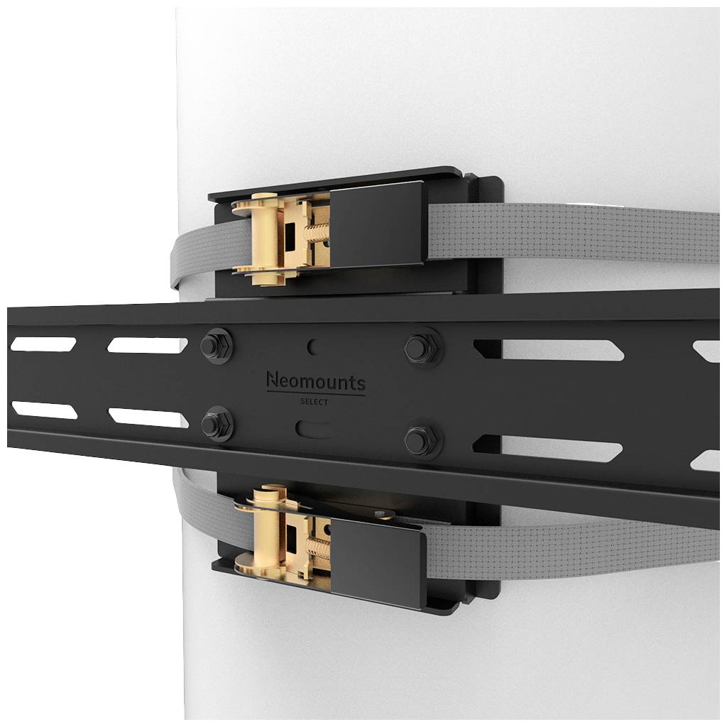 Neomounts SELECT TV-Halterung, befestigt an einer Wand, zeigt schwarze Metallstreben mit goldenen Elementen und grauen Riemen.