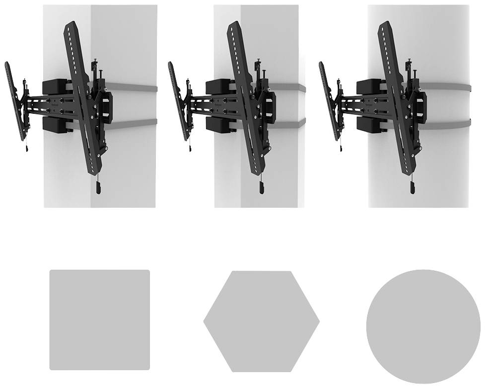 Drei mechanische Arme an einer Wand montiert, zeigen unterschiedliche Neigungswinkel. Darunter befinden sich drei graue Formen: Fünfeck, Hexagon, Kreis.
