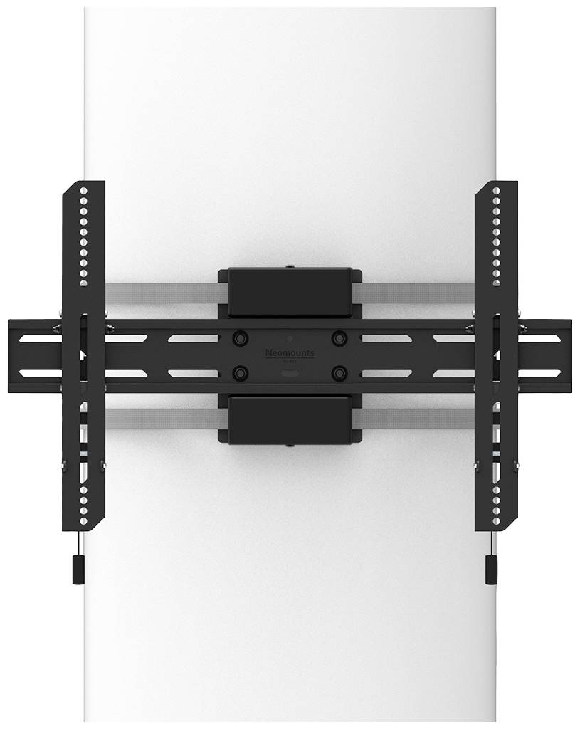Wandhalterung für Flachbildfernseher. Schwarzes Metallgestell mit verstellbaren Armen und Befestigungsschienen.