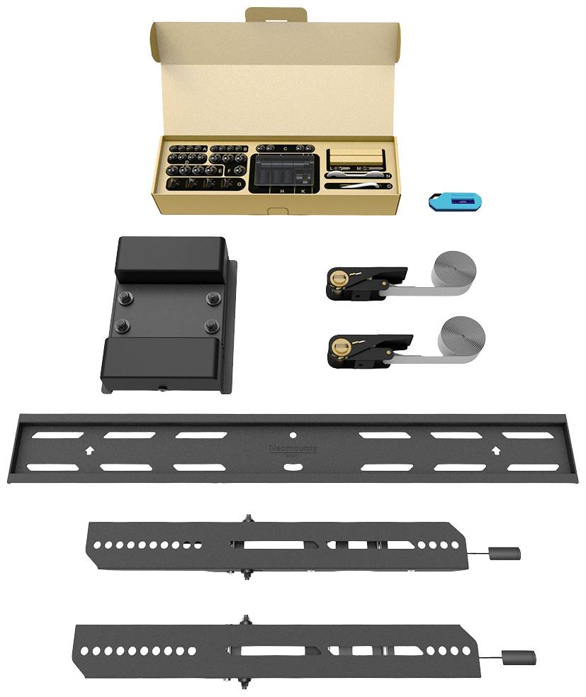 Montagekit für TV-Wandhalterung mit Schraubenbox, Halterungen, Werkzeug und Halteschienen; Anleitung liegt bei.