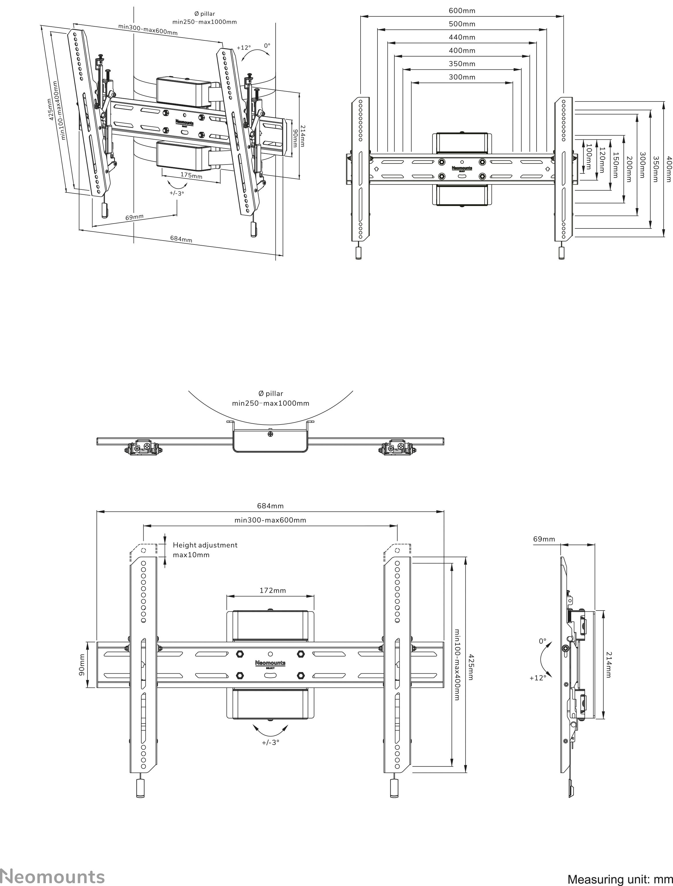 Technische Zeichnung einer TV-Wandhalterung in verschiedenen Ansichten mit Maßen in Millimetern und einstellbaren Neigungs- und Drehfunktionen.