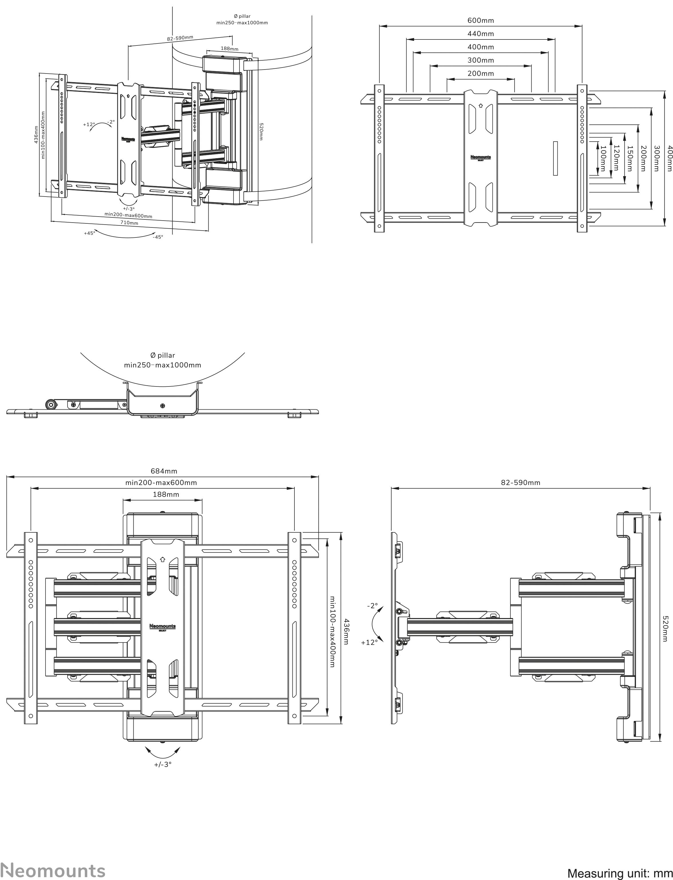 Neomounts WL40S-910BL16 TV-Säulenhalterung Ausziehbar, Neigbar 101,6 cm (40") - 177,8 cm (70") Ausz