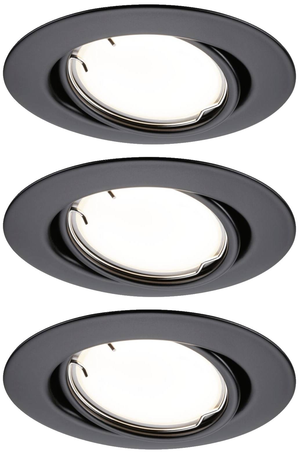 Drei schwarze Einbaustrahler mit schwenkbaren LED-Lichtquellen, in einer vertikalen Anordnung gezeigt.