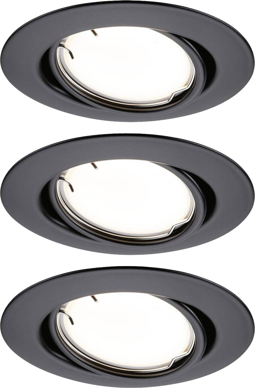 Drei schwarze Einbauspots mit runder Form und milchiger Abdeckung, die in einer vertikalen Reihe angeordnet sind.