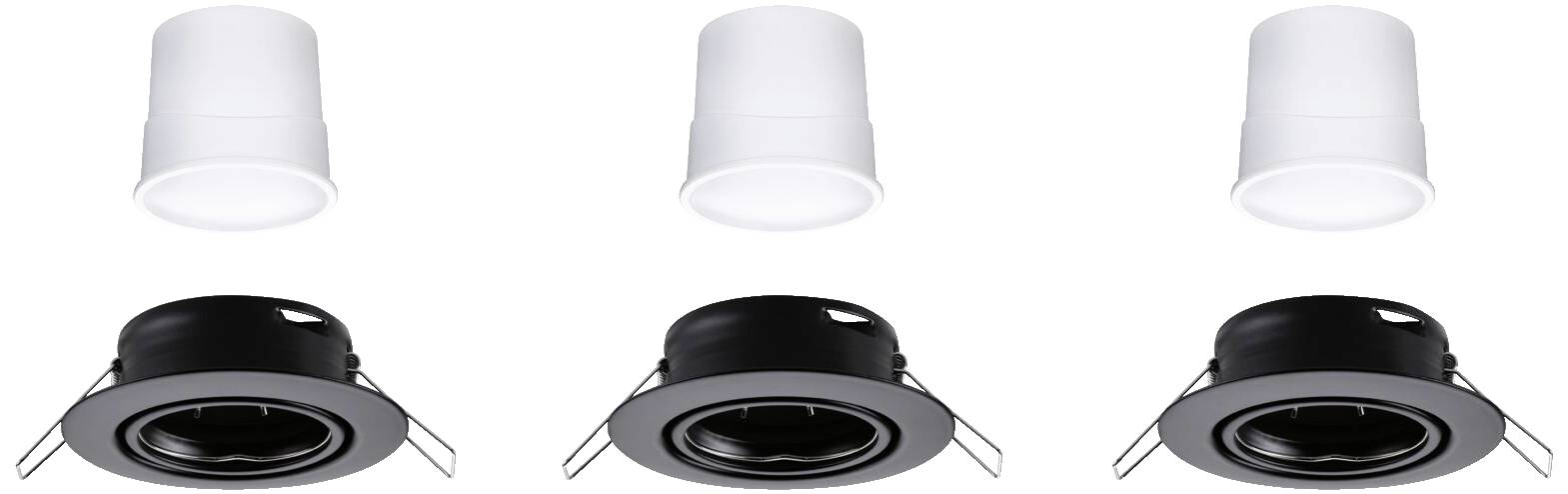 Drei weiße Zylinder liegen über drei schwarzen, runden Gehäusen, die wie Einbaufassungen für Lampen aussehen.