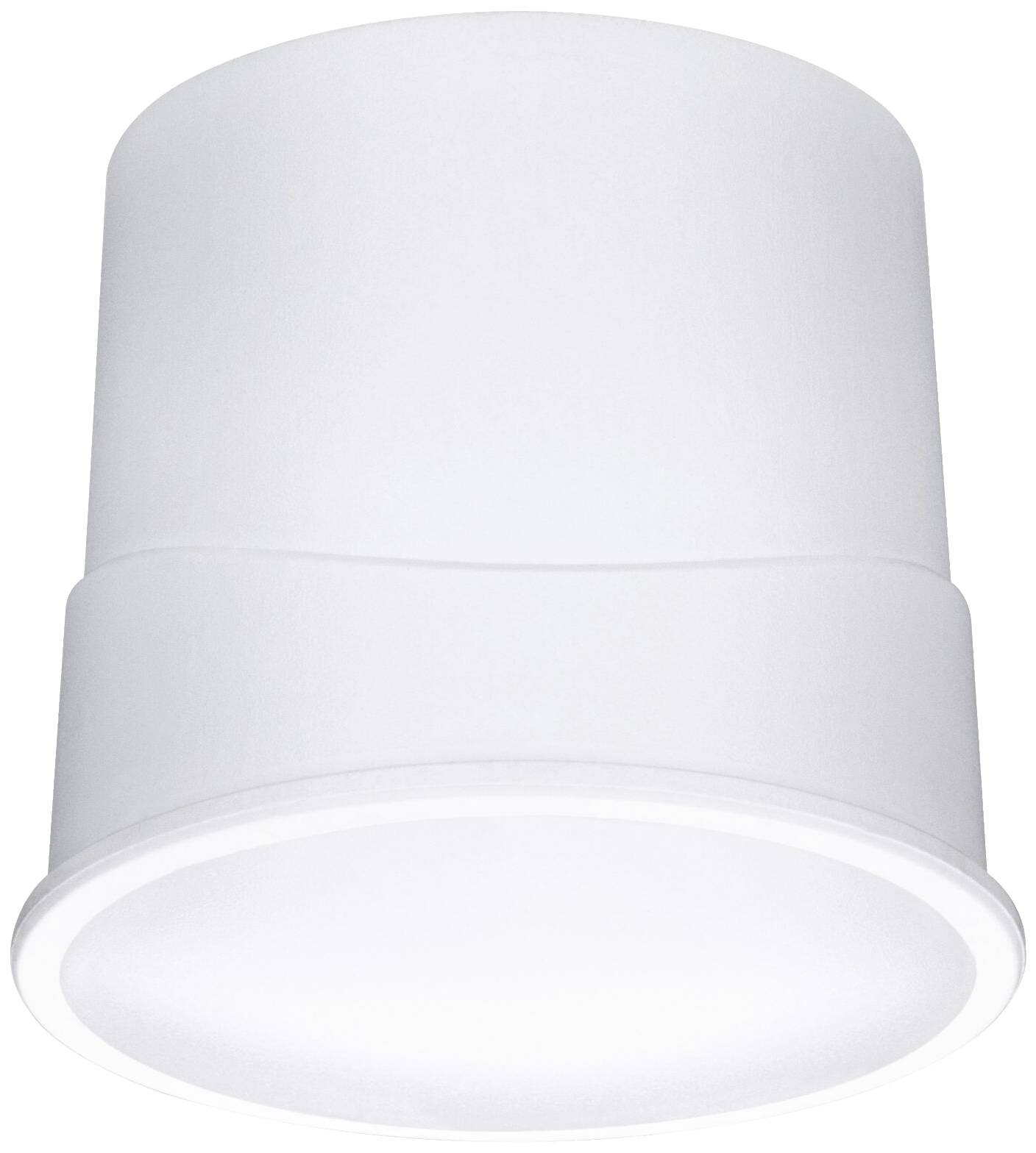 Weiße zylindrische Deckenleuchte mit schlichtem Design leuchtet hell. Ideal für moderne, minimalistische Innenräume.