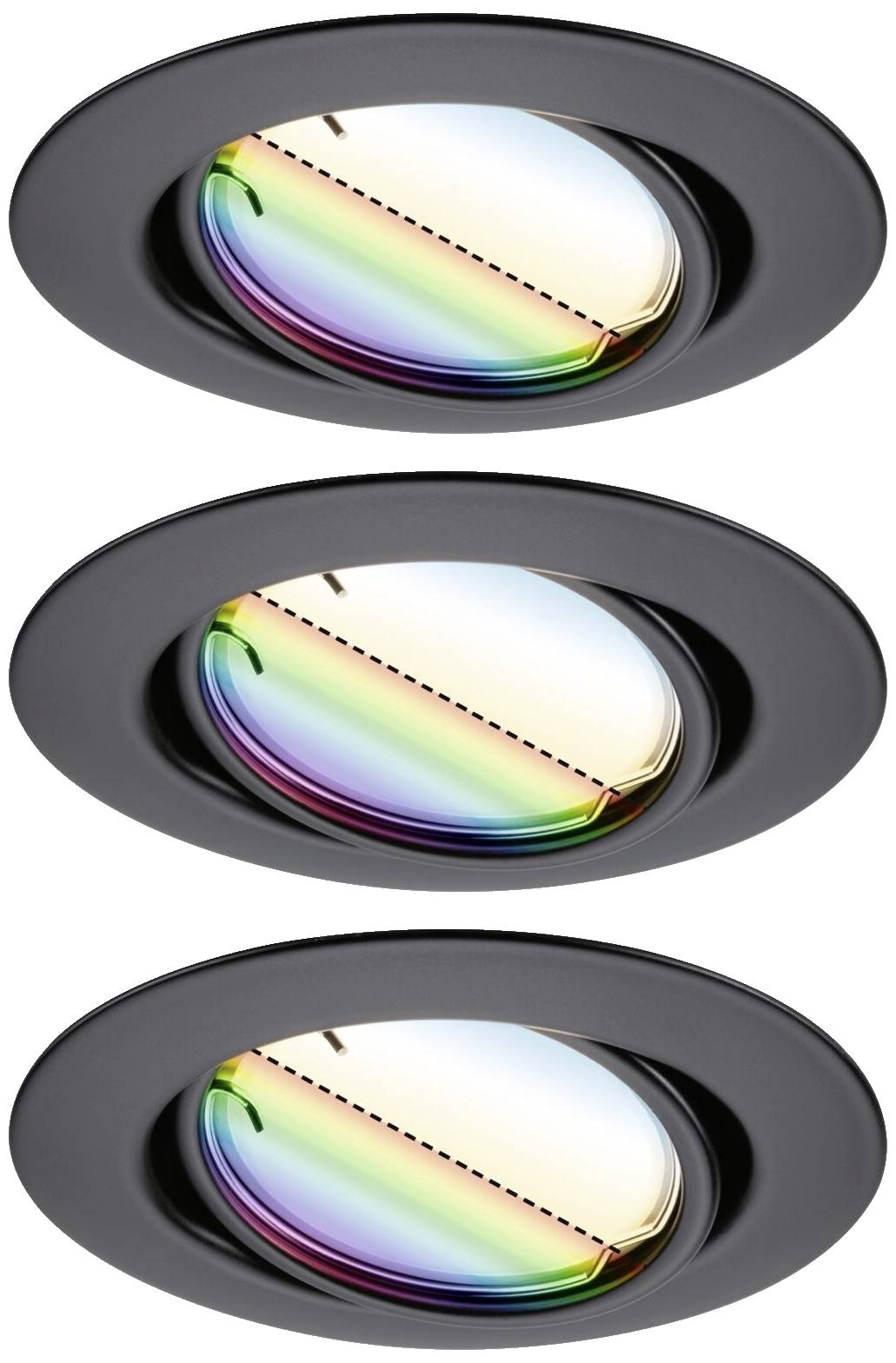 Drei runde, schwarze Einbaulampen mit irisierenden, regenbogenfarbenen Sichtfenstern, gleichmäßig in vertikaler Linie angeordnet.