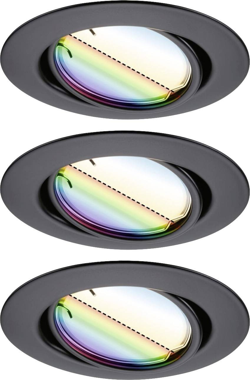 Drei runde, schwarze Scheinwerfer mit transparenten Linsen, die Regenbogenfarben brechen, auf weißem Hintergrund.