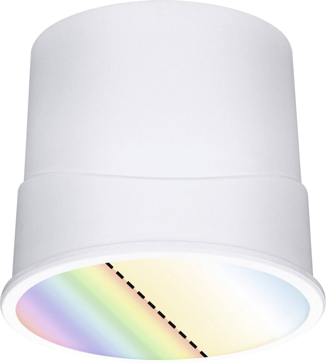 Weiße Lampe mit Regenbogenlicht und gestrichelter Linie auf dem Leuchtschirm.