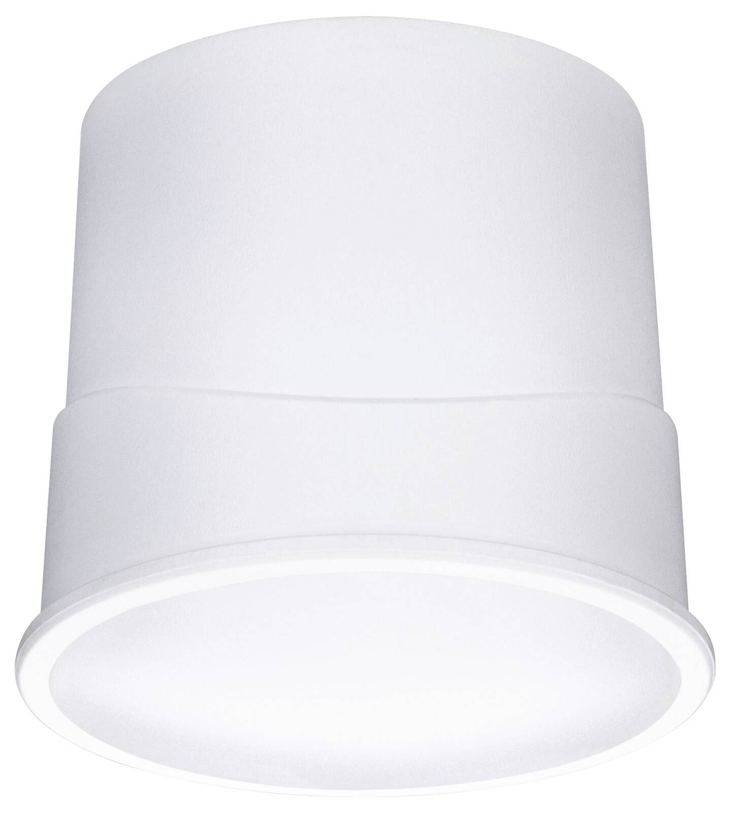 Weiße zylinderförmige Deckenleuchte mit glatter Oberfläche, leuchtet hell. Ideal für minimalistische, moderne Innenräume.