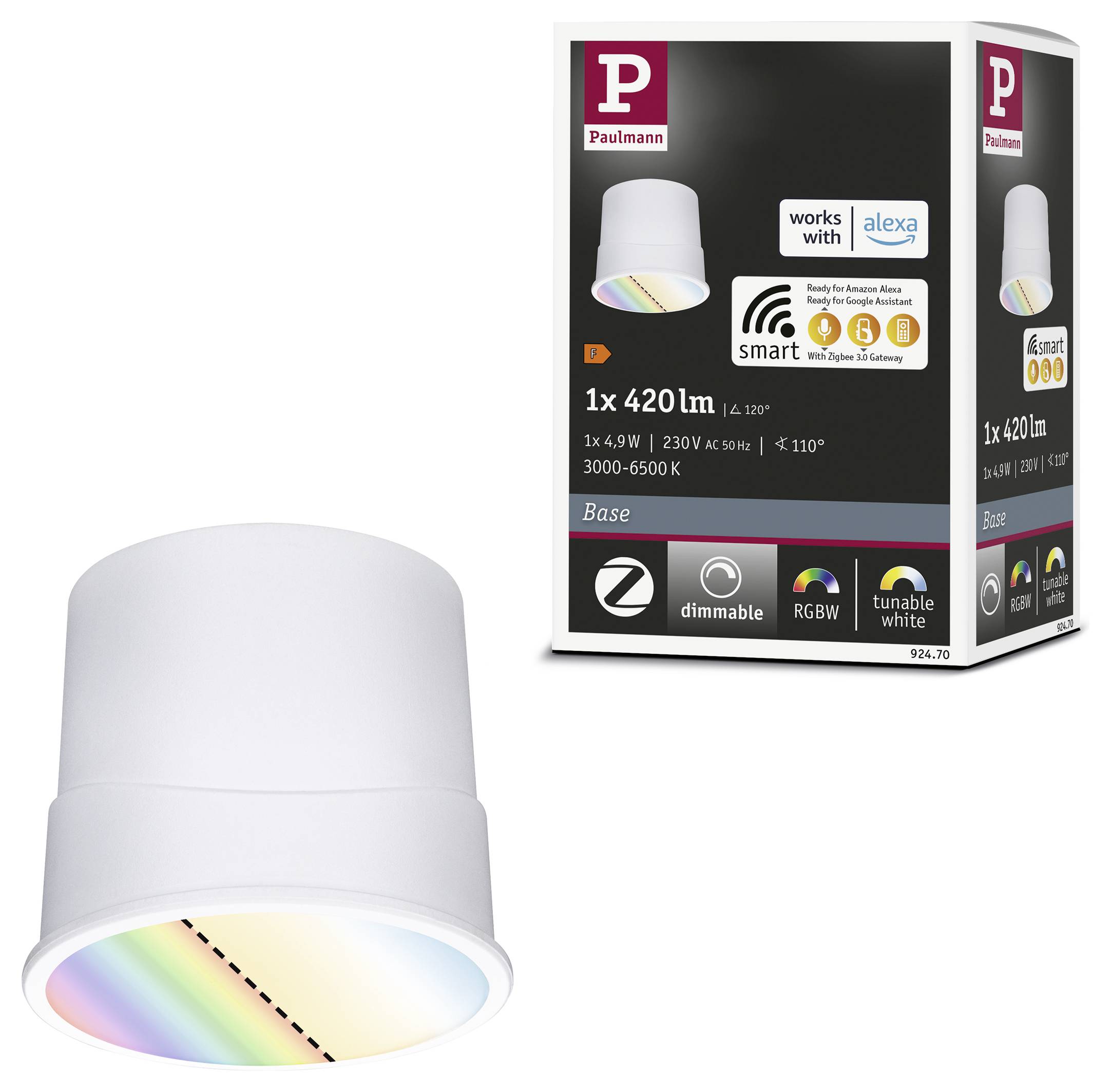 Lampe mit 420 Lumen und RGB-Farbwechsel. Verpackung zeigt Alexa- und Google Assistant-Kompatibilität. Eignet sich für smarte Steuerung.