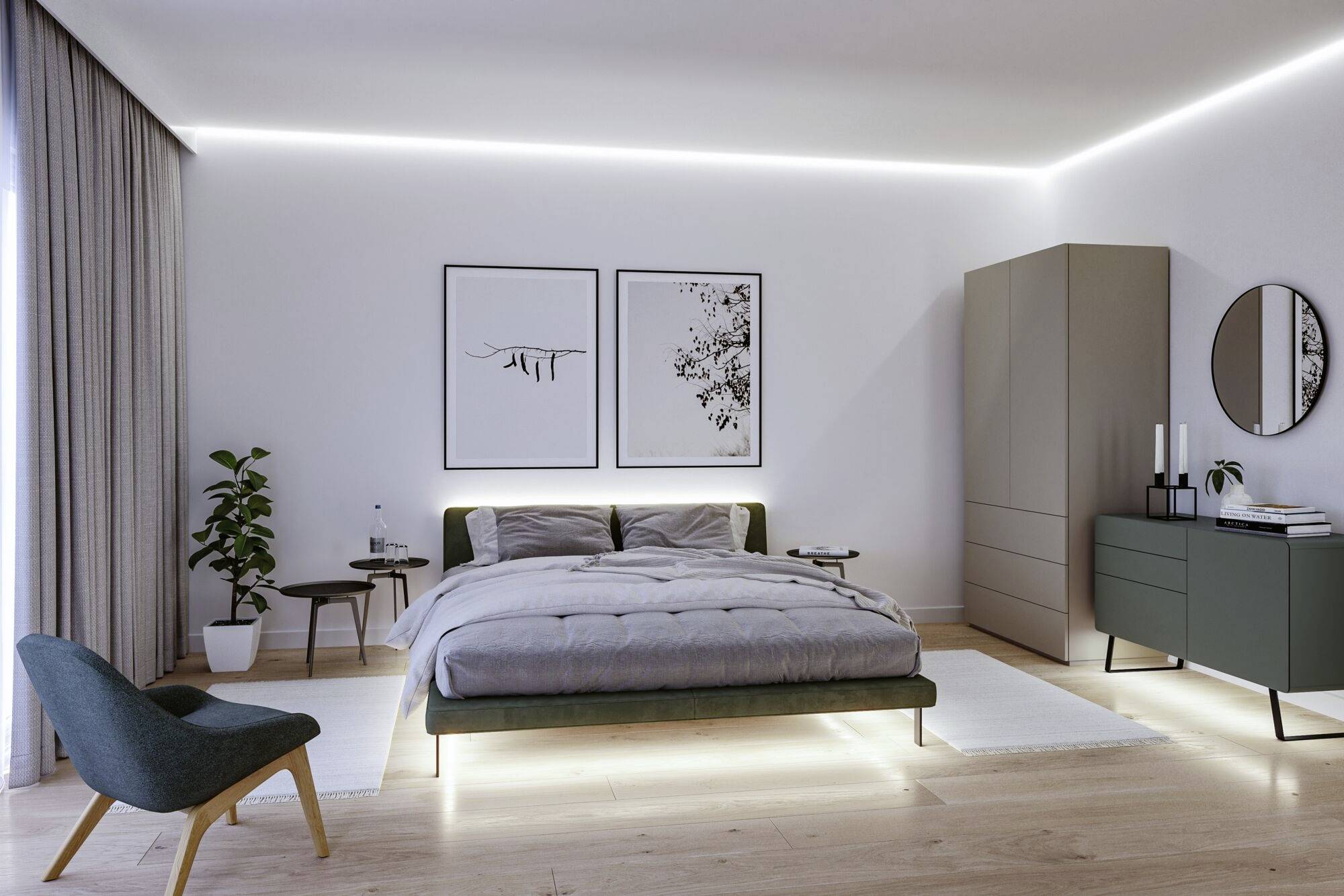 Ein modernes Schlafzimmer mit einem Doppelbett, zwei an der Wand hängenden Kunstwerken, einem Nachttisch mit Pflanze und einem Schrank.