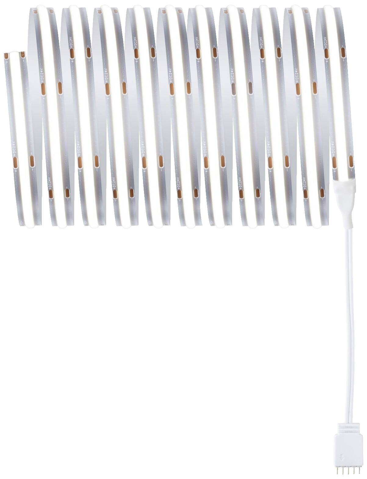 Ein zusammengerollter LED-Lichtstreifen mit einem weißen Kabel auf der rechten Seite. Ideal für flexible Beleuchtungsanwendungen.