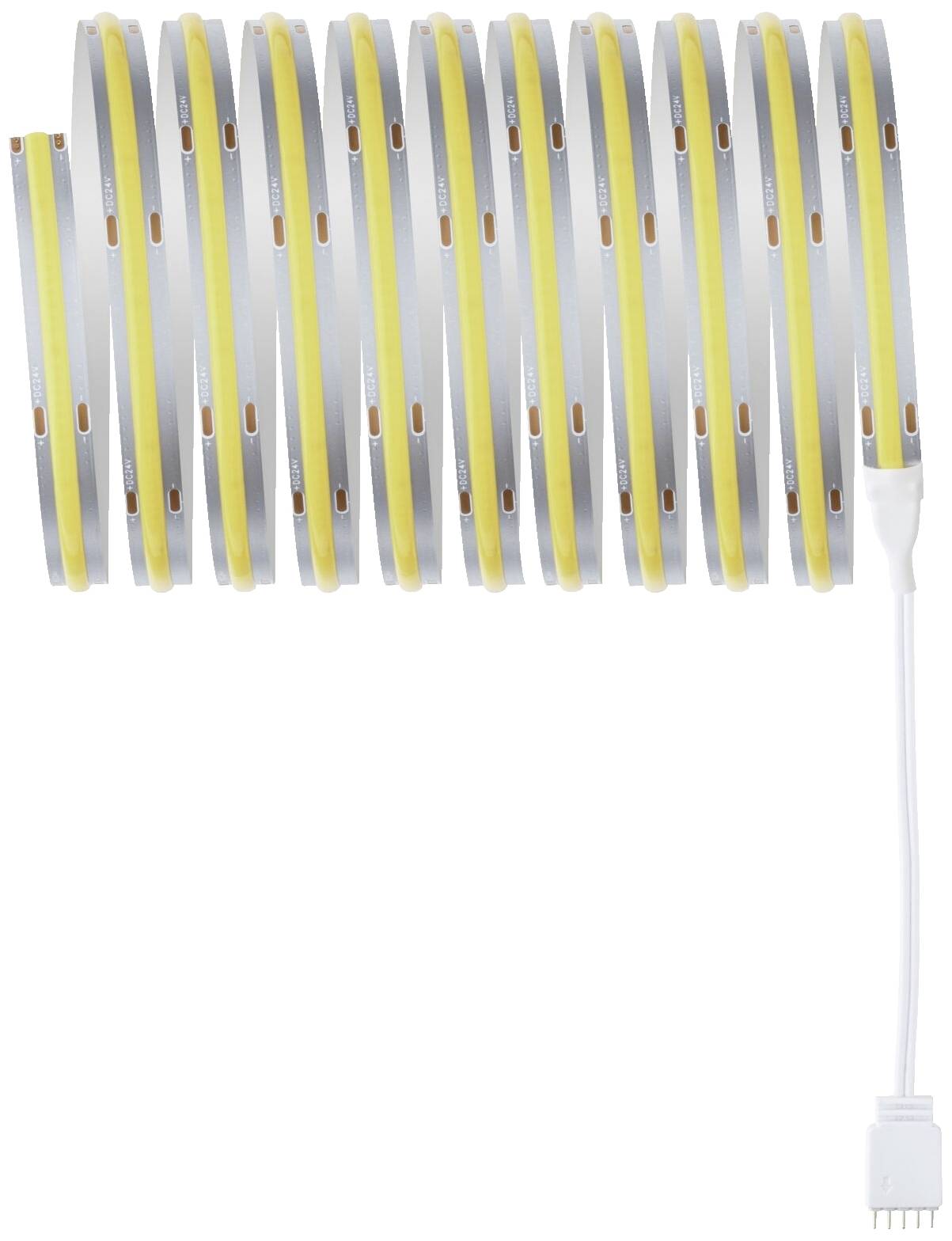 Auf dem Bild ist ein zusammengerollter LED-Streifen in gelben und weißen Farben mit einem Anschlussstecker am Ende zu sehen.