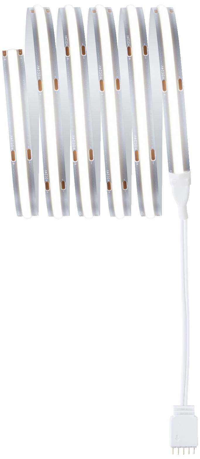 Eine weiße LED-Lichtleiste, gewunden in gleichmäßigen Schlaufen, mit einem vierpoligen Stecker am Ende.